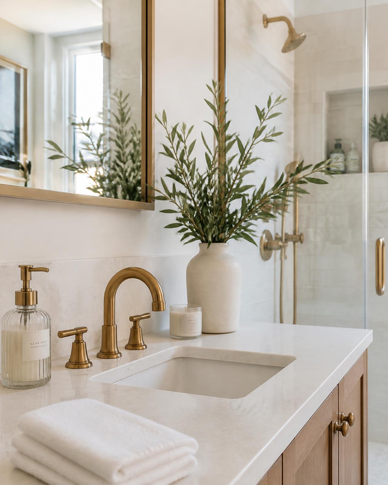 Bathroom sink with a brass faucet, folded white towel and greenery on a white stone counter
