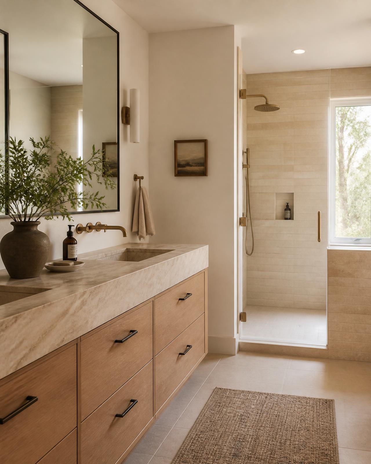 Bathroom vanity with stone counter, large mirror and a glass shower in soft daylight