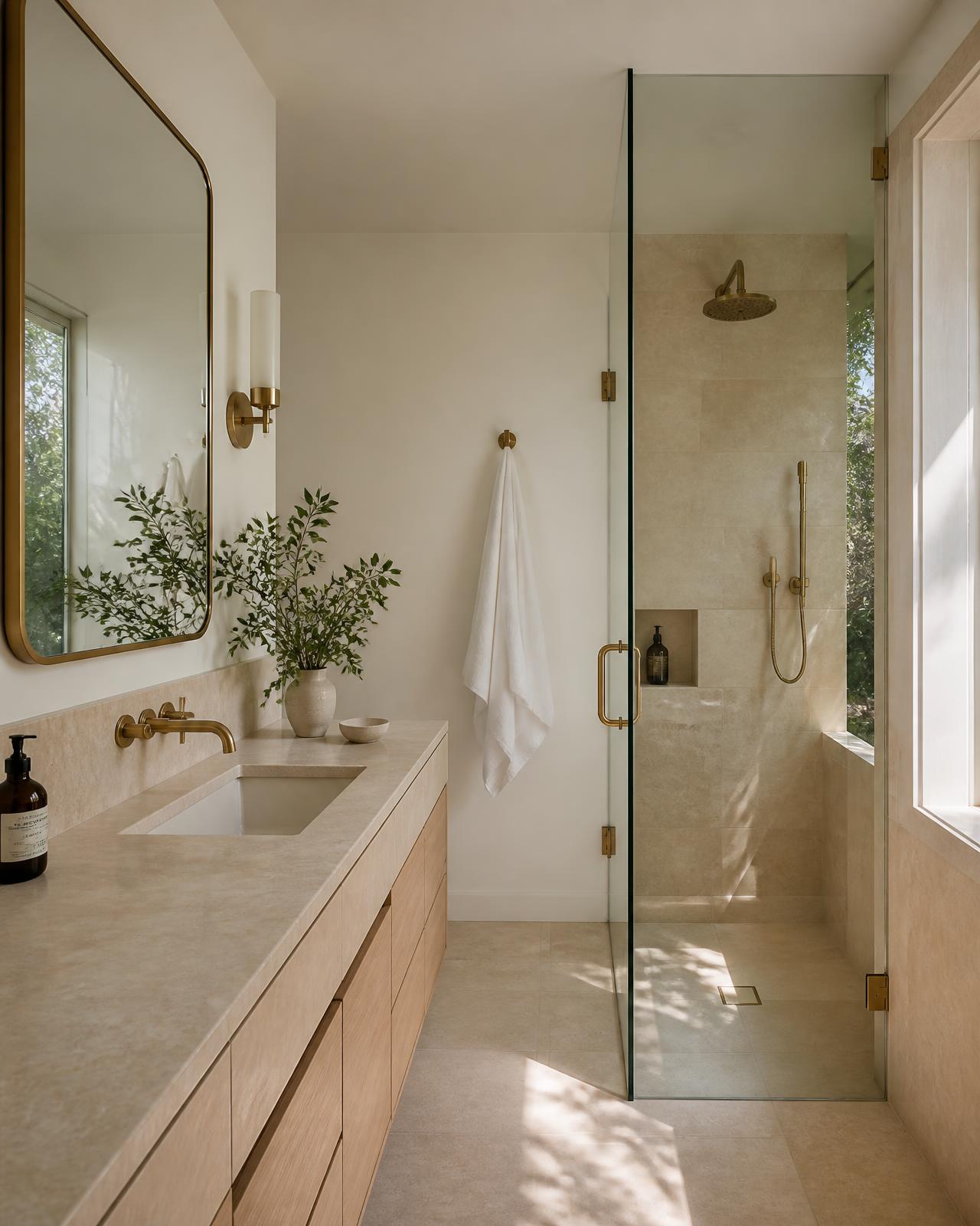 Calm bathroom with pale wood vanity, stone counter and a glass walk-in shower lit by daylight